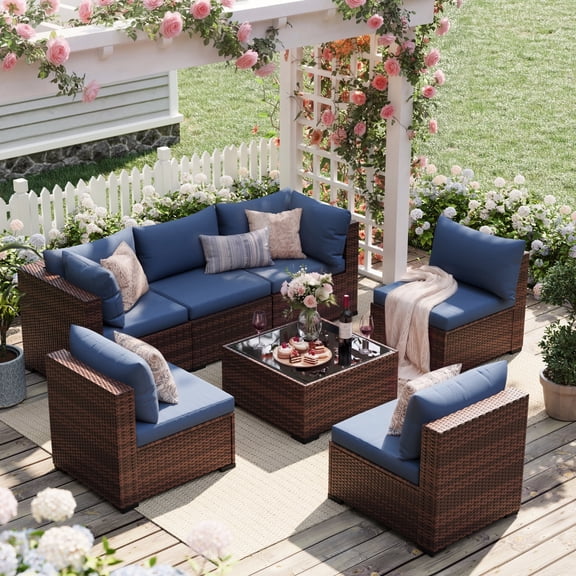 UDPATIO 7-Piece Wicker Modular Sectional Outdoor Conversation Sets with Glass Coffee Table, Blue