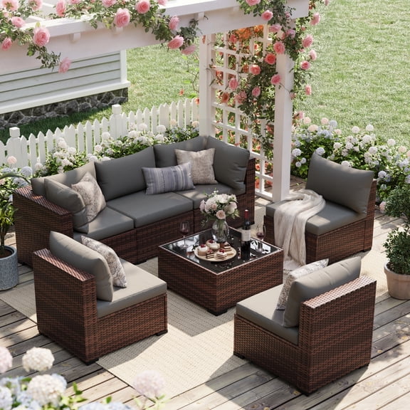 UDPATIO 7-Piece Rattan Outdoor Conversation Set with Glass Coffee Table, Grey