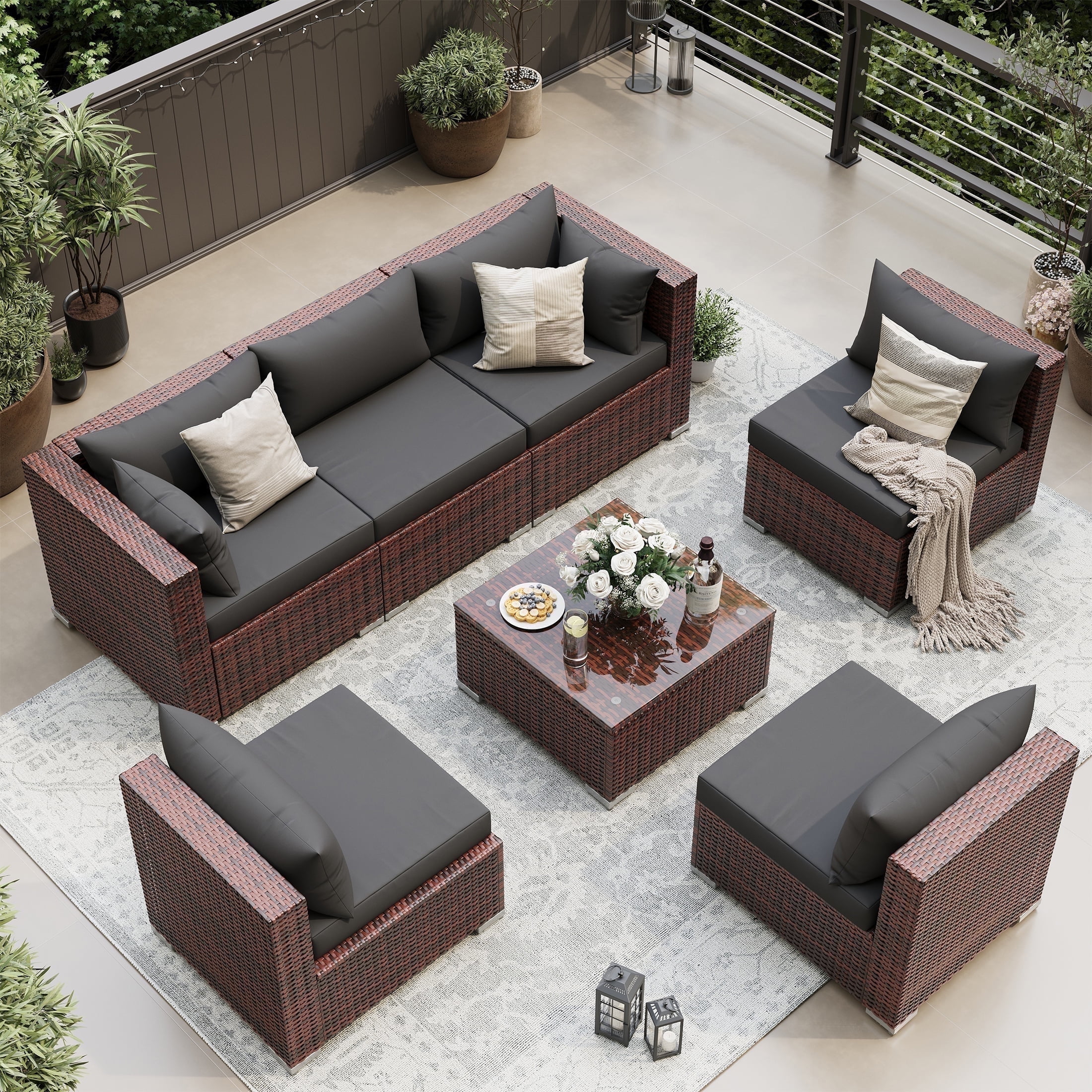 UDPATIO 7PC Grey Rattan Patio Set, Outdoor Sofa with Glass Table & Cover