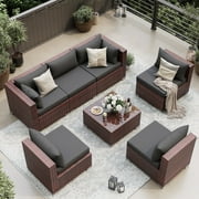 UDPATIO 7-Piece Rattan Outdoor Conversation Set with Glass Coffee Table, Grey
