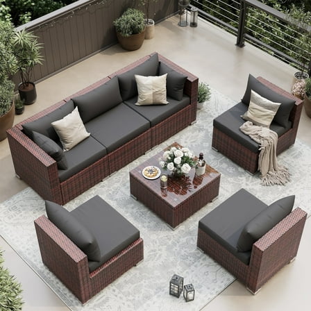 UDPATIO 7-Piece Rattan Outdoor Conversation Set with Glass Coffee Table, Grey