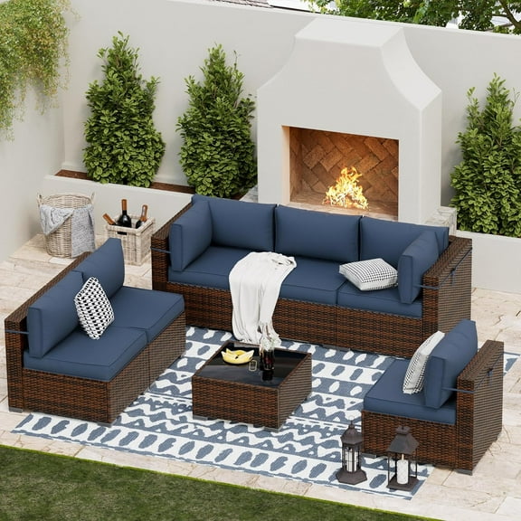 UDPATIO Patio Furniture Sets, Modular Rattan Outdoor Patio Sectional Furniture Sofa Set, Wicker Patio Conversation Set for Backyard, Deck, Poolside w/Glass Coffee Table, 7pc Blue (Include Sofa Cover)