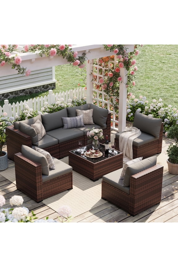 7-Piece Rattan Outdoor Conversation Set with Glass Coffee Table, Grey