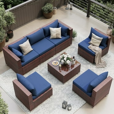 UDPATIO Patio Furniture Sets, Modular Rattan Outdoor Patio Sectional Furniture Sofa Set, Wicker Patio Conversation Set for Backyard, Deck, Poolside w/Glass Coffee Table, 7PC Blue