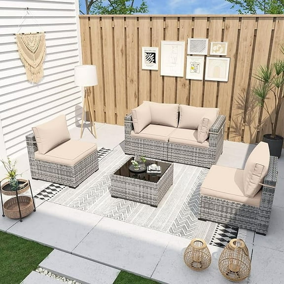 UDPATIO Patio Furniture Sets, Modular Rattan Outdoor Patio Sectional Furniture Sofa Set, Wicker Patio Conversation Set for Backyard, Deck w/Coffee Table, 5PC Grey/Beige (Include Sofa Cover)