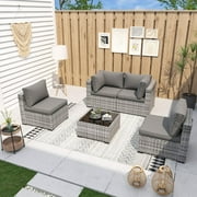 UDPATIO Patio Furniture Sets, Modular Rattan Outdoor Patio Sectional Furniture Sofa Set, Wicker Patio Conversation Set for Backyard, Deck w/Glass Coffee Table, 5PC Grey/Grey (Include Sofa Cover)