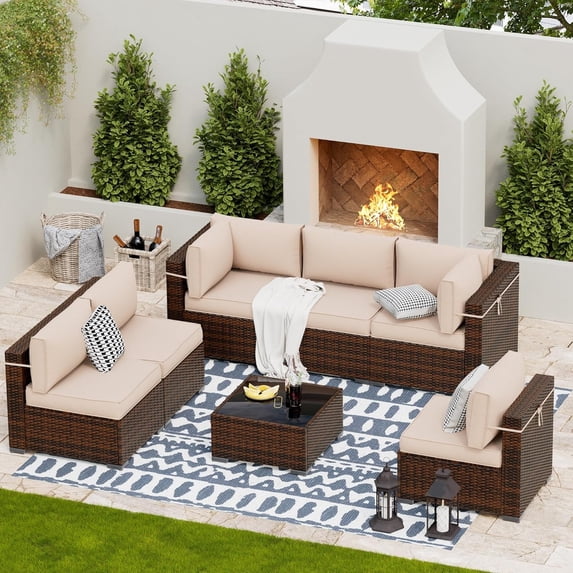 UDPATIO Patio Furniture Sets, Modular Rattan Outdoor Patio Sectional Furniture Sofa Set, Wicker Patio Conversation Set for Backyard, Deck w/Side Table, 7pc Brown/Khaki (Include Sofa Cover)
