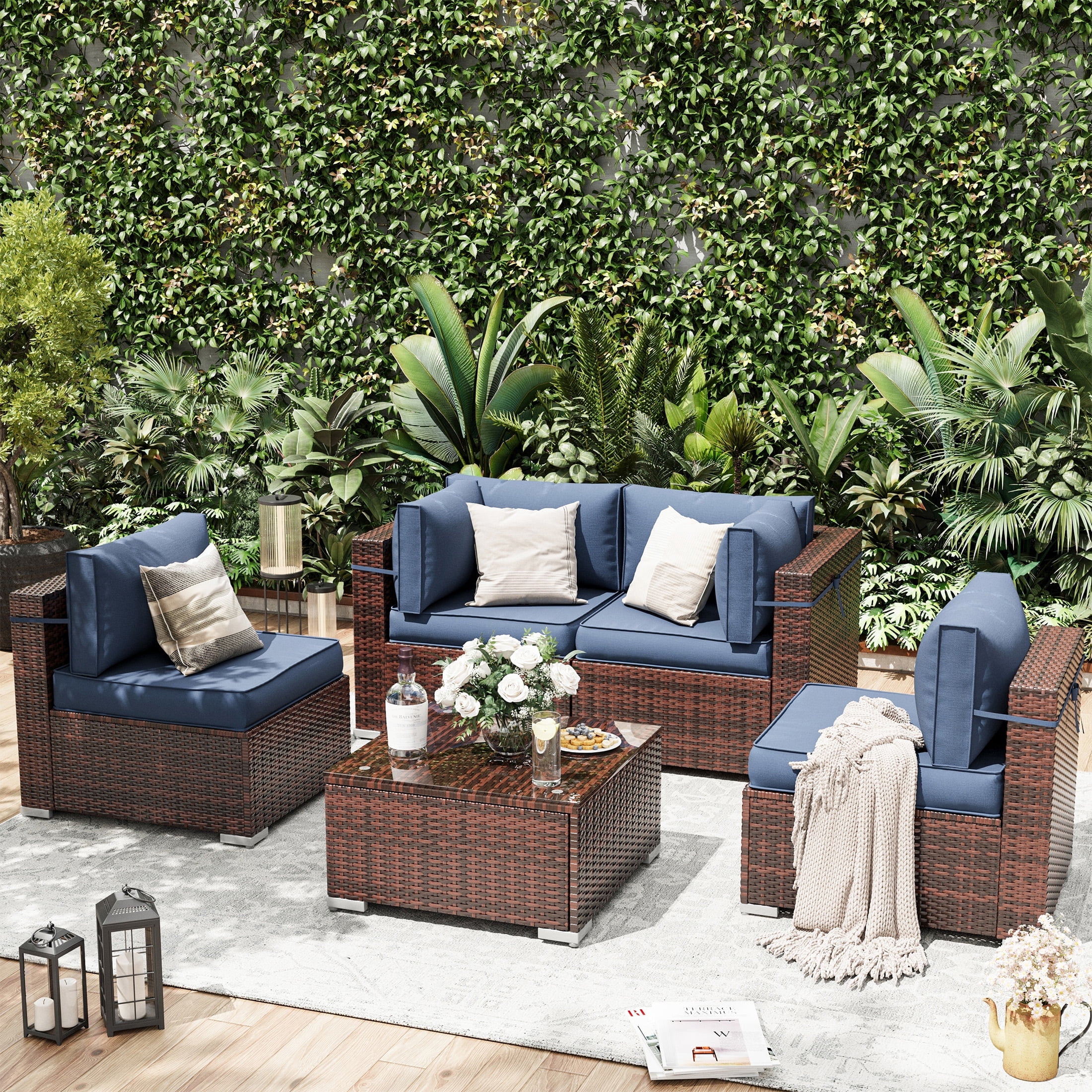 Sobaniilo 6 Piece All Weather Patio Set PE Wicker with Steel Frame and Glass Table Beige Walmart