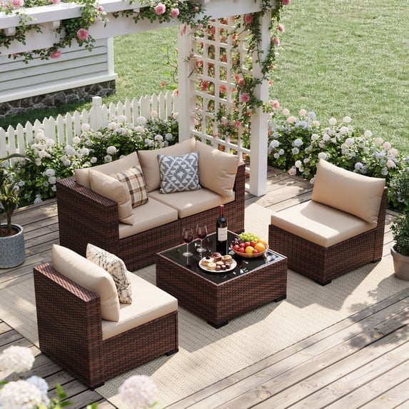 UDPATIO Patio Furniture Sets, Modular Rattan Outdoor Patio Sectional Furniture Sofa Set, Wicker Patio Conversation Set for Backyard,5PCS