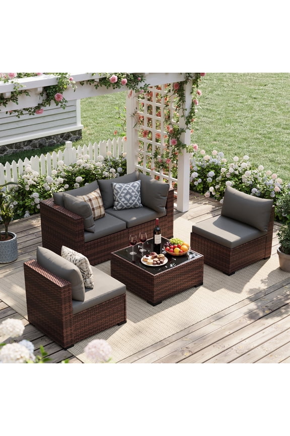 Patio Furniture Sets, Modular Rattan Outdoor Patio Sectional Furniture Sofa Set, Wicker Patio Conversation Set for Backyard,5PCS