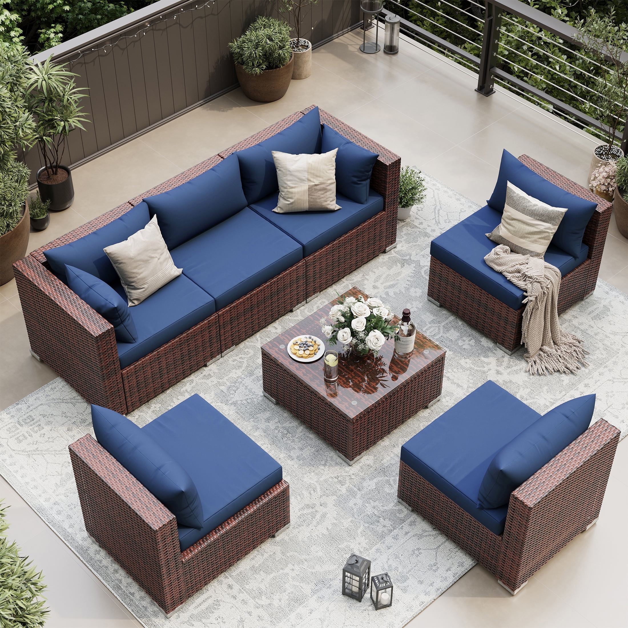 UDPATIO 7-Piece Wicker Modular Sectional Outdoor Conversation Sets with Glass Coffee Table, Blue