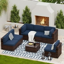 UDPATIO Patio Furniture Sets, Modular Rattan Outdoor Patio Sectional Furniture Sofa Set, Wicker Patio Conversation Set for Backyard, Deck, Poolside w/Glass Coffee Table, 7PC Blue (Include Sofa Cover)