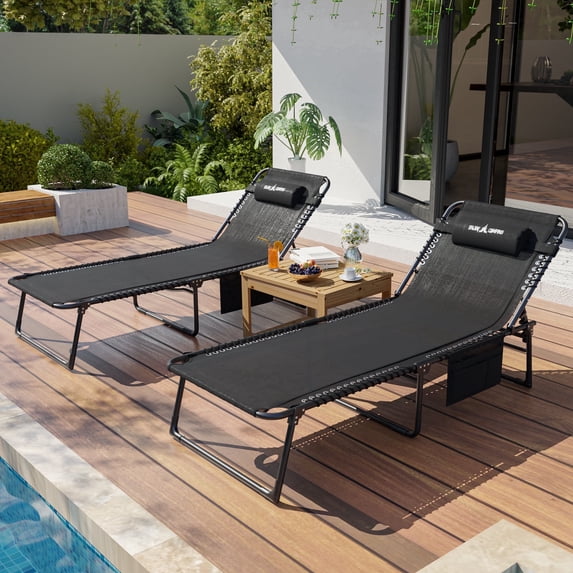 UDPATIO Heavy Duty Outdoor Lounge Chairs, 350lbs Capacity Folding Recliners, Set of 2, Black