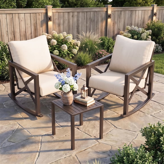 UDPATIO 3-Piece Metal Patio Rocking Chair Set, Heavy Duty 350 lbs Capacity Outdoor Bistro Furniture Set with 2 Rockers, Thick Cushions and Coffee Table for Porch, Rust-Resistant, Beige