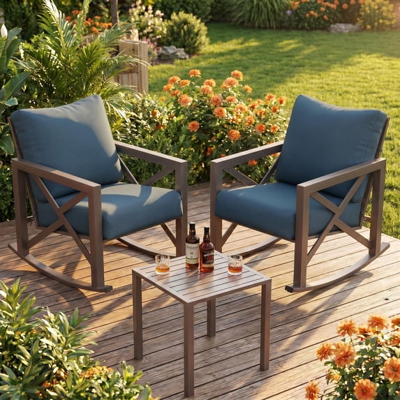 UDPATIO 3-Piece Metal Patio Rocking Chair Set, Heavy Duty 350 lbs Capacity Outdoor Bistro Furniture Set with 2 Rockers, Thick Cushions and Coffee Table for Porch, Rust-Resistant, Navy Blue