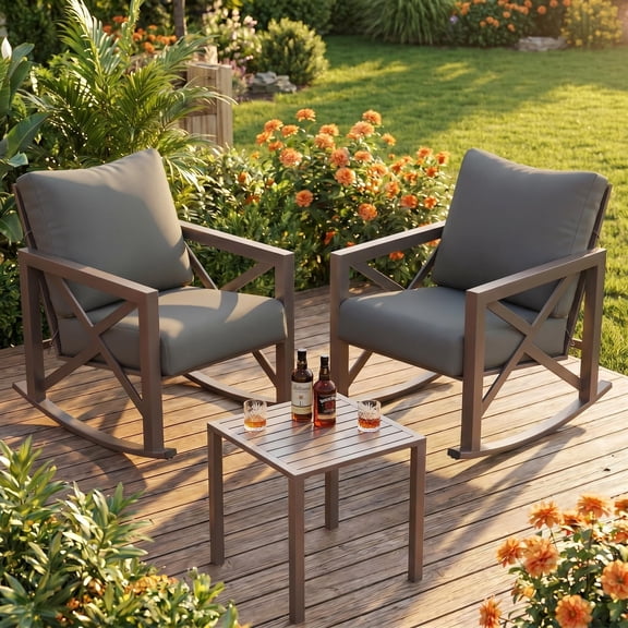 UDPATIO 3-Piece Metal Patio Rocking Chair Set, Heavy Duty 350 lbs Capacity Outdoor Bistro Furniture Set with 2 Rockers, Thick Cushions and Coffee Table for Porch, Rust-Resistant, Grey