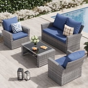 UDPATIO Wicker Patio Furniture Set, 4 Piece Outdoor Sectional Conversation Sets, Gray PE Rattan Patio Sofa Set for Balcony, Backyard, Navy Blue