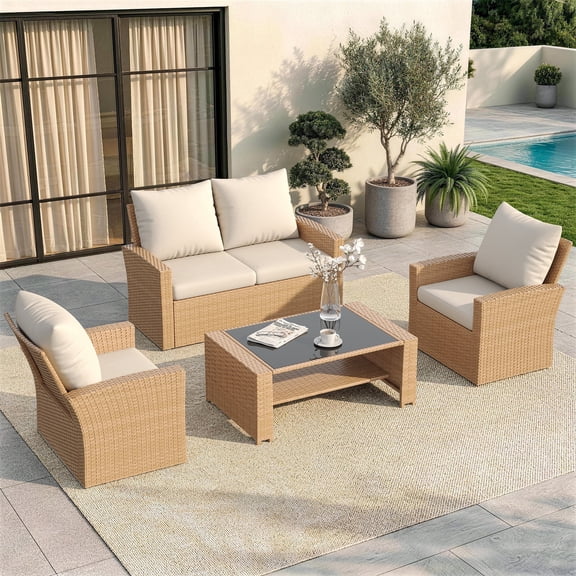 UDPATIO Wicker Patio Furniture Set, 4 Piece Outdoor Sectional Conversation Sets, Yellow PE Rattan Patio Sofa Set for Balcony, Backyard, Beige