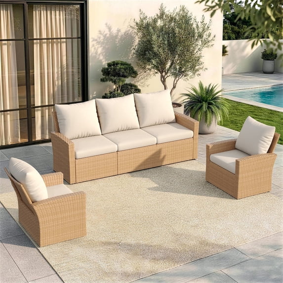 UDPATIO Wicker Patio Furniture Set, 5 Piece Outdoor Sectional Conversation Sets, Yellow PE Rattan Patio Sofa Set for Balcony, Backyard, Beige