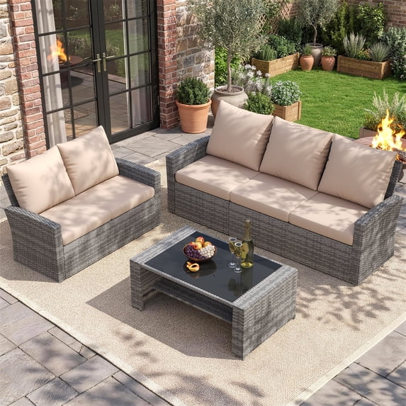 UDPATIO Wicker Patio Furniture Set,Gray PE Rattan Patio Sofa Set with coffee table,Multi-person Outdoor Sectional Conversation Sets for Balcony, Porch, Backyard, Beige