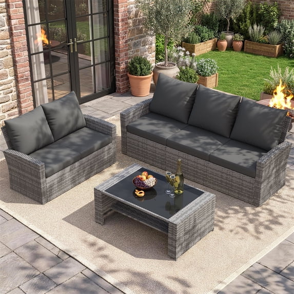UDPATIO Wicker Patio Furniture Set,Gray PE Rattan Patio Sofa Set with coffee table,Outdoor Sectional Conversation Sets for Balcony, Porch, Backyard, Gray
