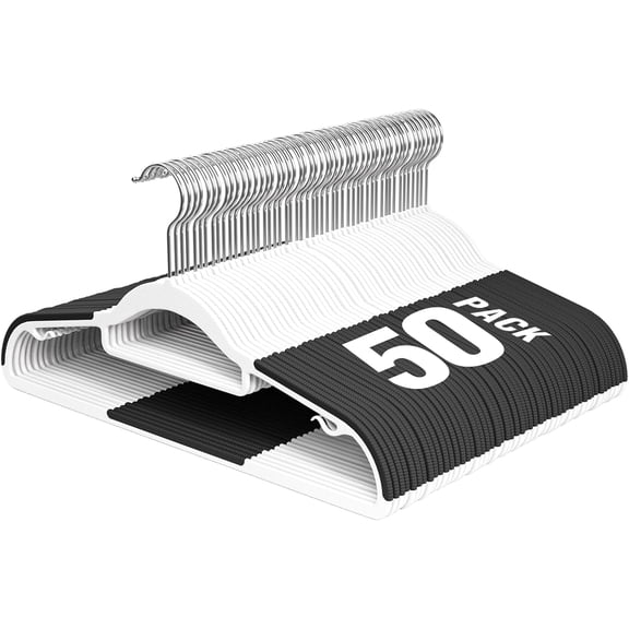UEAKPIC Plastic Hangers 50 Pack, 16.5in Heavy Duty Clothes Hangers with 360° Swivel Hook, Non-Slip, Space-Saving, White & Black