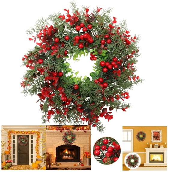 UEETEK 2025 Christmas Wreath, Red Berry Decor Artificial Pine Holly for Xmas Holiday Home Farmhouse Wall Decor Outdoor Decor 13.8Inch