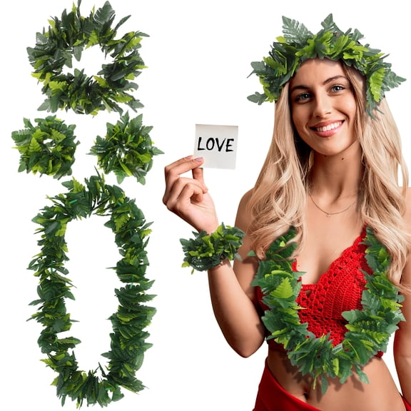 UEETEK 4Pcs Green Hawaiian Party Garland: in 1 Set Artificial Leaves Headband Lifelike Leaves Bracelet Neck Loop Girls Costume Tropical Beach Luau Party Supplies