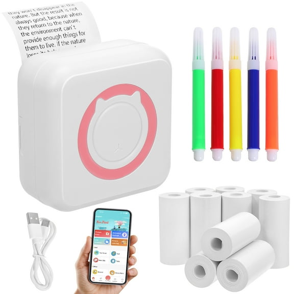 UEETEK-Thermal Sticker Printer with 10 Rolls Paper, Portable Inkless Mini Label Maker, Wireless Impresora, Free Cut Printer(Pink)