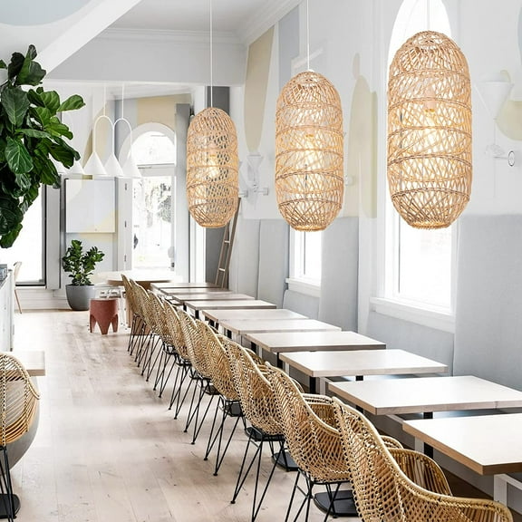 UEEYAC Basket Rattan Pendant Light Shade Pastoral Wicker Hanging Lamps