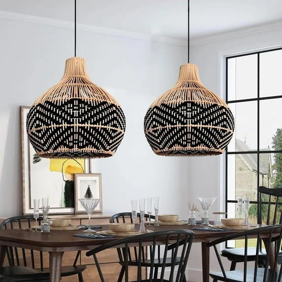 UEEYAC Black Pattern Lampshade Vintage Rattan Pendant Light