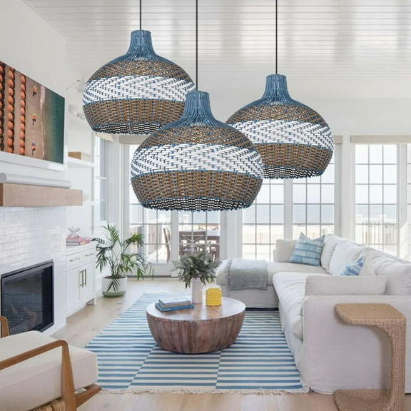 UEEYAC Coastal Kitchen Island Blue Rattan Pendant Light