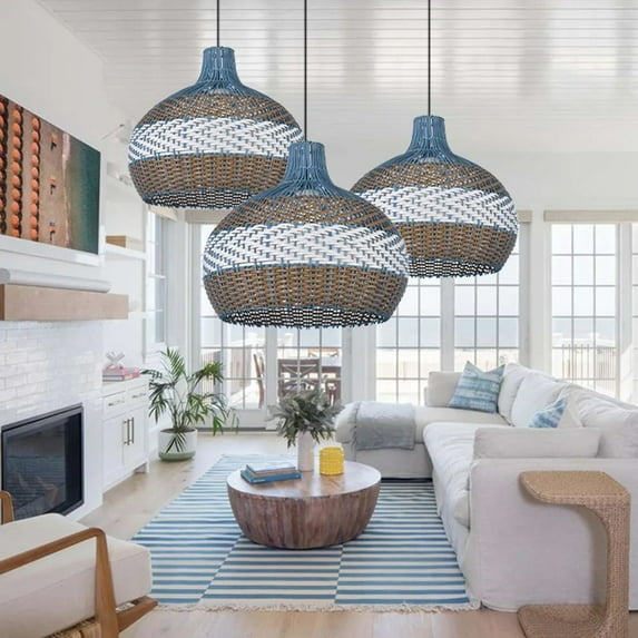 UEEYAC Coastal Kitchen Island Blue Rattan Pendant Light