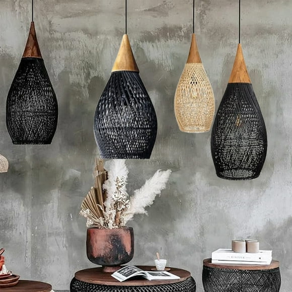 UEEYAC Dining Room Vintage Pendant Light Handmade Wood Rattan Lampshade