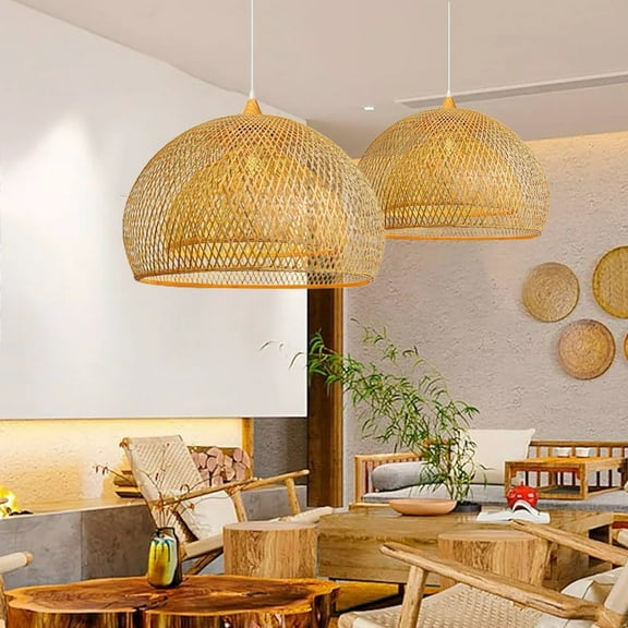 UEEYAC Double-layer Bamboo Chandelier Modern Living Room Wicker Pendant Light