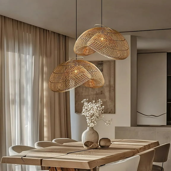 UEEYAC Handmade Wabi-Sabi Rattan Woven Dining Room Pendant Lamp Wicker Light Fixture