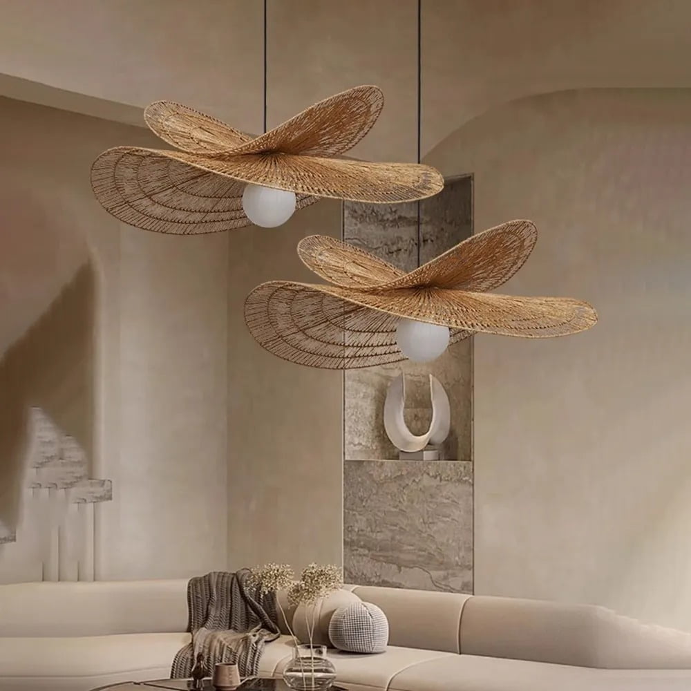 UEEYAC Handwoven Wabi-sabi Rattan Pendant Light Retro B&B Bedroom Living Room Creative Restaurant Chandelier