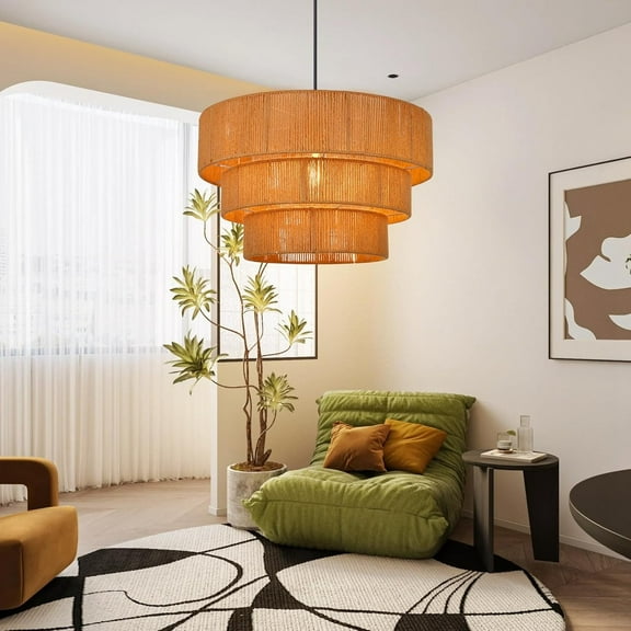 UEEYAC Light Matte Black Geometric Pendant Hand Woven Rope Chandeliers