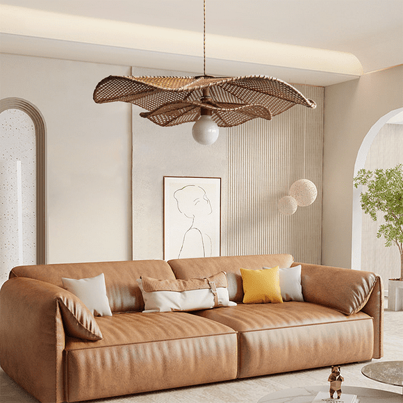 UEEYAC Retro Boho Lotus Leaf Shape Rattan Pendant Light
