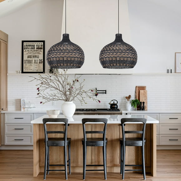 UEEYAC Royal Noble Black Rattan Pendant Light Fixture Dining Room Lampshade