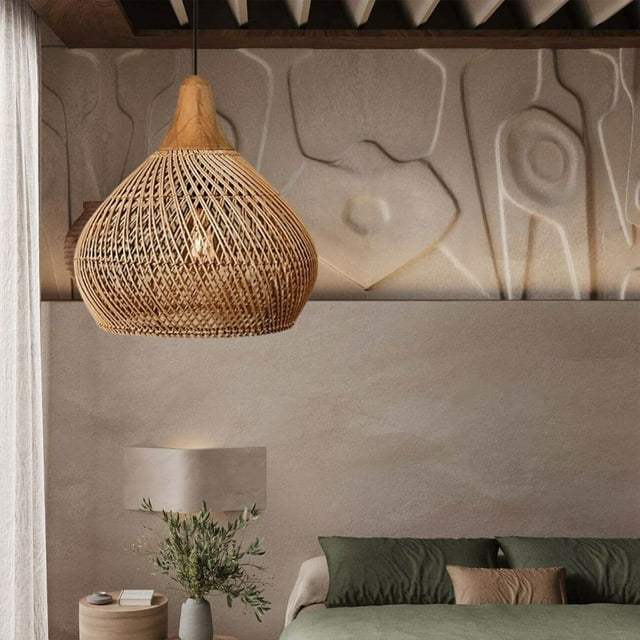 UEEYAC Wabi-sabi Retro Living Room Rattan Pendant Light Solid Wood Restaurant Lampshade