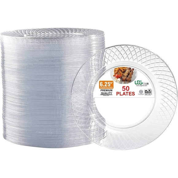 UEG Club Clear Diamond Crystal Premium Disposable Plastic Plates, Lightweight, 50 Count, 6.25"