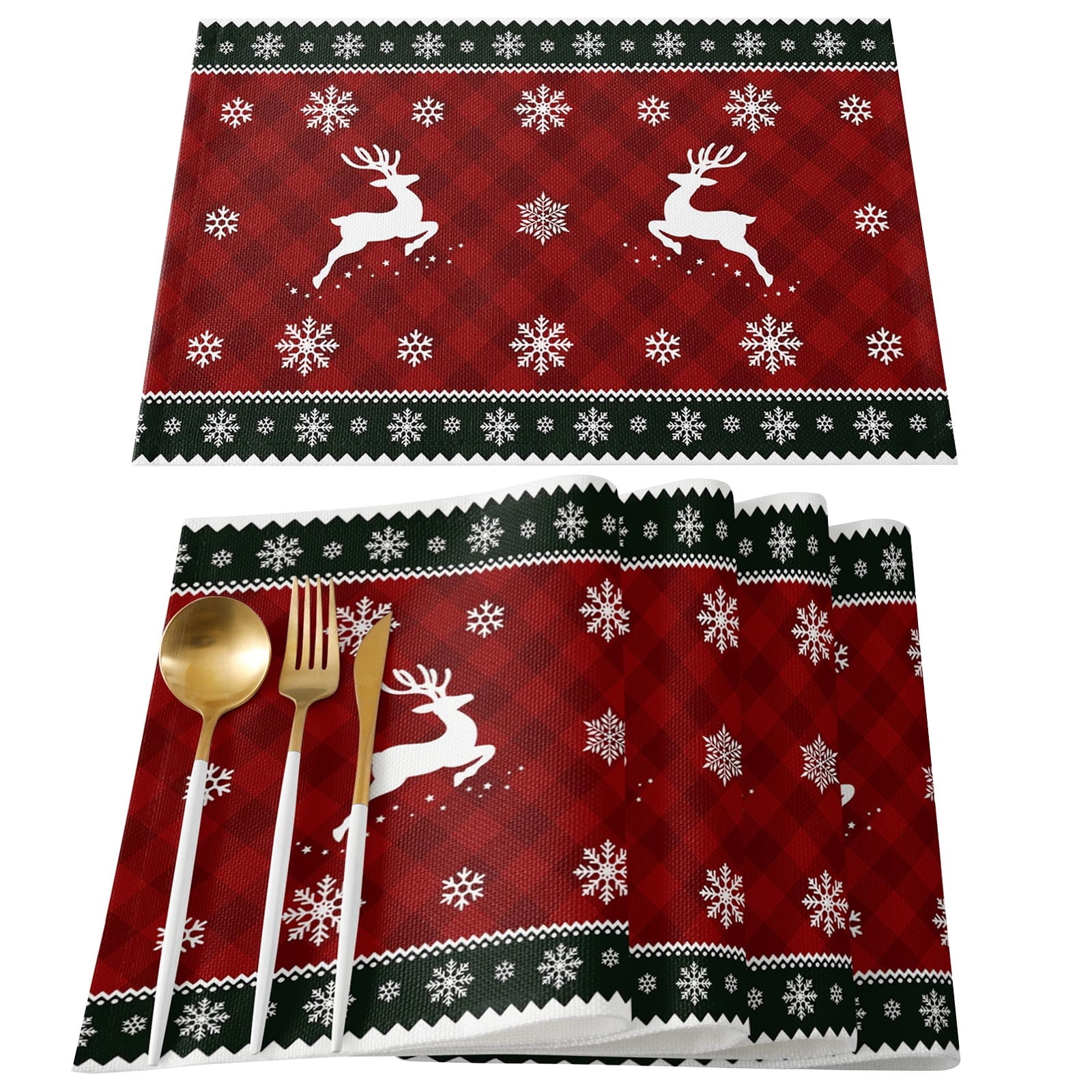 UEGEQU Christmas 2023 Placemats for Dining Table Set Of 4, Snowflake Deer Tree Plaid Red and
