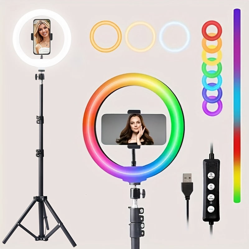 UEGOGO 10-Inch LED Selfie Ring Light with 51-Inch Tripod And Phone Stand, RGB Tone Mode, Stepless Dimming, USB Powered for Live Streaming, Makeup, Cooking Video Recording, Indoor Use
