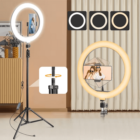 "10" Ring Light Kit w/ 63" Tripod & 360 Head - for Streaming, Makeup & Video Calls. Includes Phone Holder. Home Studio