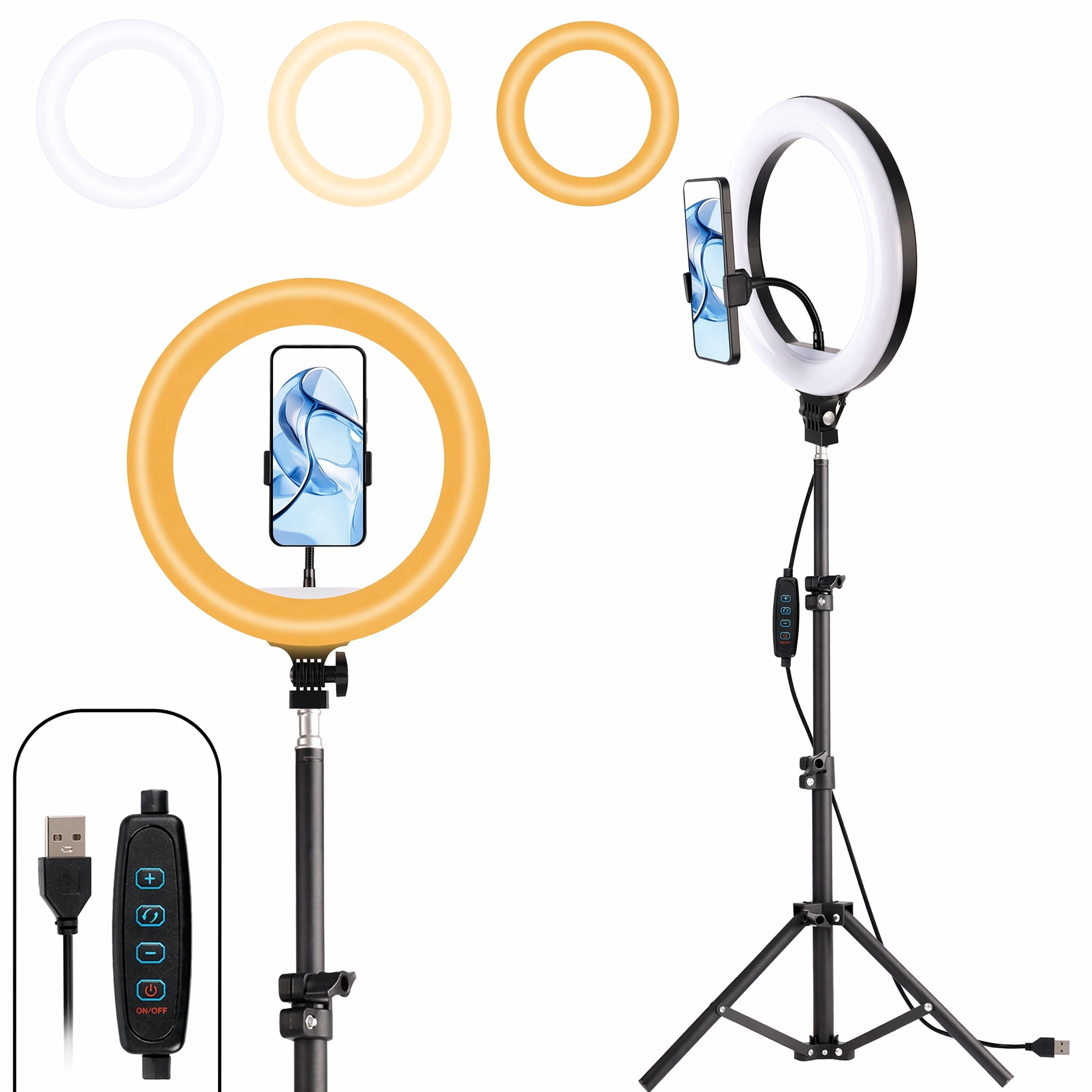 UEGOGO 10-inch Ring Light (with 63-inch tripod) — 3 color options and 10 brightness levels, USB-powered, suitable for iPhone and Android phones, YouTube, makeup, and TikTok