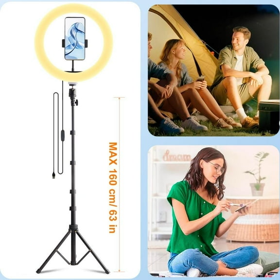 UEGOGO 12'' Ring Light with 63'' Extendable Tripod Stand, LED Circle Lights with Phone Holder for Live Stream/Makeup/YouTube Video/Tiktok, Compatible with All Phones Vampire Makeup Lighting Pro