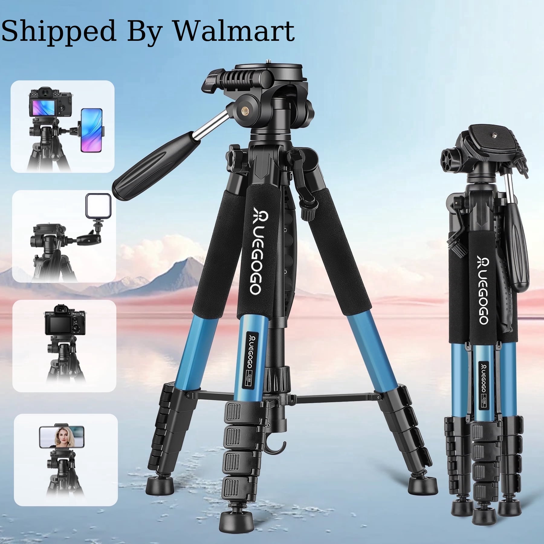 UEGOGO 74-inch camera tripod with travel bag, expandable camera tripod, T-phone stand + quick mounting pad, mobile phone live stand tripod removable pylon camera tripod