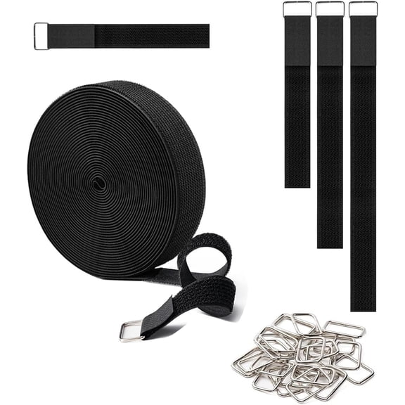 UEIWMX-1" x16ft 192 in Hook and Loop Straps with 25 Metal Buckles,Black Nylon Straps,Adjustable Fastening Cable Straps,Cut to Length Cinch Strap,Reusable Nylon Cable Ties for Storage or Organizer