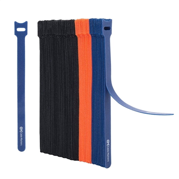 UEIWMX-100-Pack 8-inch Hook-and-Loop Reusable Wire Ties/Cable Ties with 42 lbs Tensile Strength - Multi-Color Black, Blue, and Orange Cord Wrap, ZipTies, Cable Management Straps